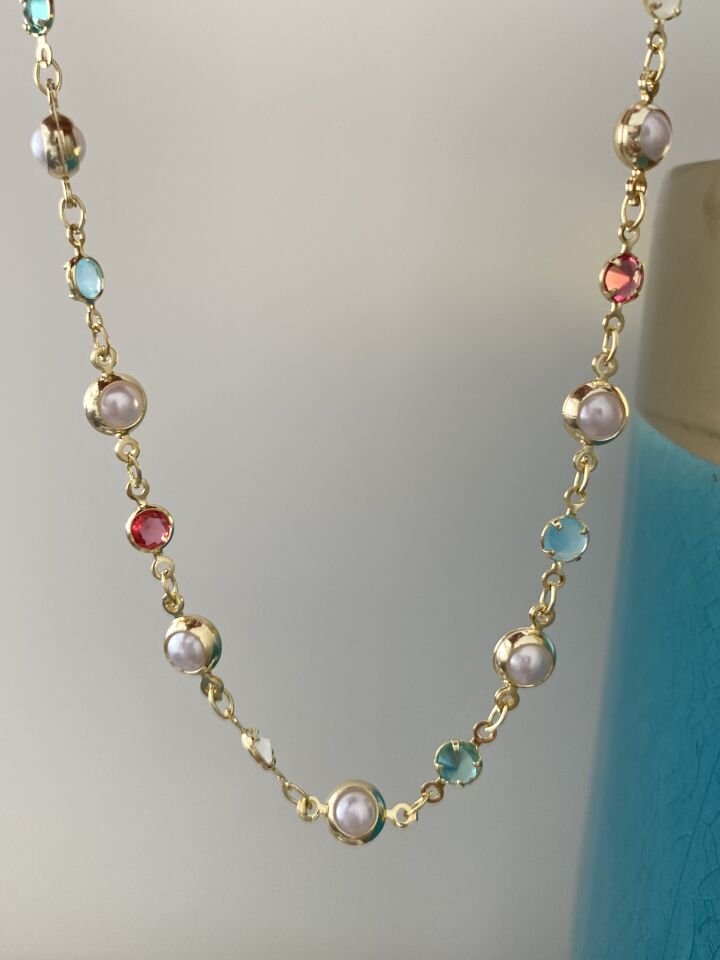 Altın Kaplama İncili Renkli Kristal Taşlı Halhal (24cm+5cm ek)