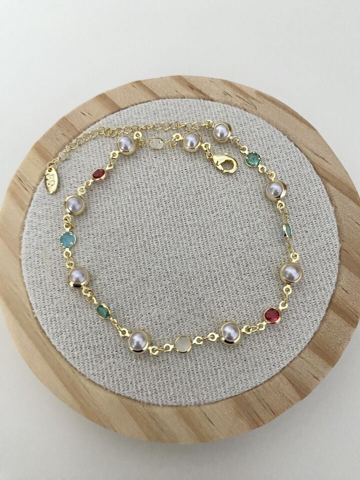 Altın Kaplama İncili Renkli Kristal Taşlı Halhal (24cm+5cm ek)