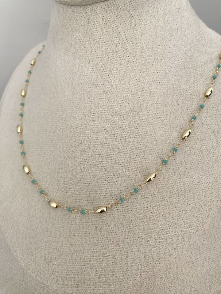 Altın Kaplama Minimal Firuze Detaylı Zincir Kolye (50cm+5cm ek)