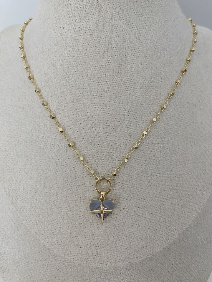 Altın Kaplama Lila Kristal Kalp Detaylı Kolye (42cm+5cm ek)