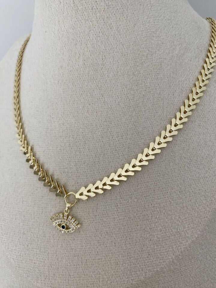 Altın Kaplama Gömme Taşlı Göz Figürlü Choker Kolye (37cm+5cm ek)