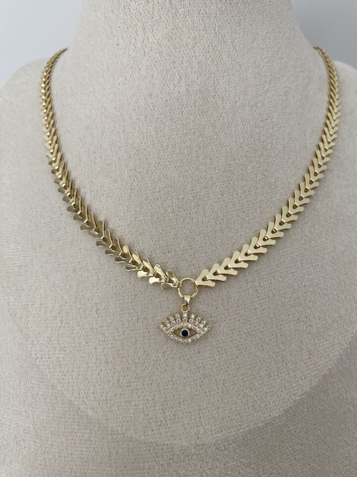 Altın Kaplama Gömme Taşlı Göz Figürlü Choker Kolye (37cm+5cm ek)