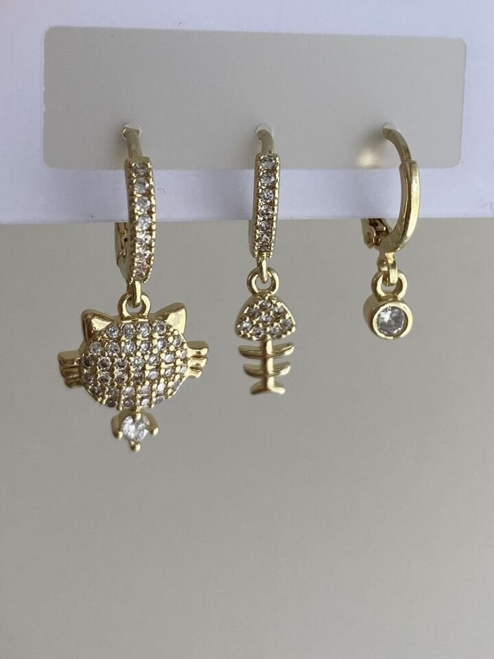 Altın Kaplama Üçlü Kedili Set Küpe