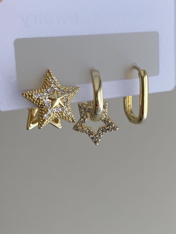 Altın Kaplama Üçlü Stella Set Küpe