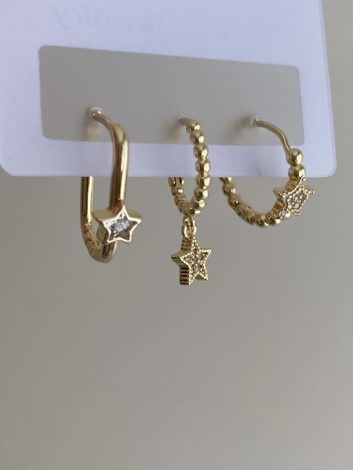 Altın Kaplama Üçlü Minimal Yıldız Set Küpe
