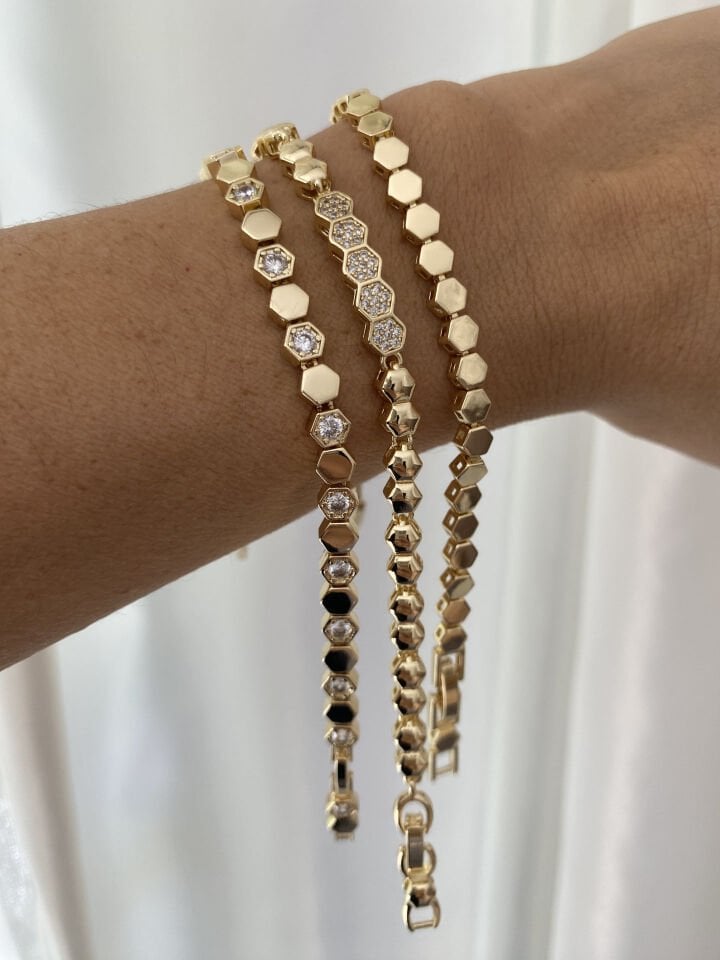 Altın Kaplama Gömme Taş Künye Detay Petek Bileklik