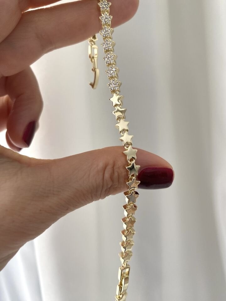 Altın Kaplama Gömme Taşlı Minimal Plaka Yıldız Bileklik