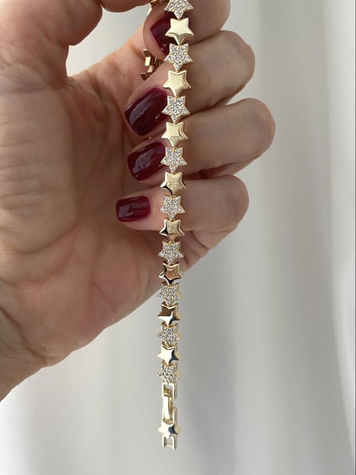 Altın Kaplama Gömme Taşlı Plaka Yıldız Bileklik