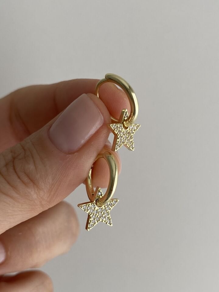 Altın Kaplama Taşlı Yıldız Charm Küpe (İç çapı:1,1 cm)