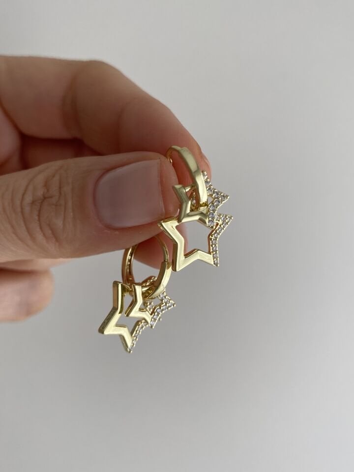 Altın Kaplama Üç Boyutlu Görünüm Star Halka Küpe (İç çapı:1,1 cm)