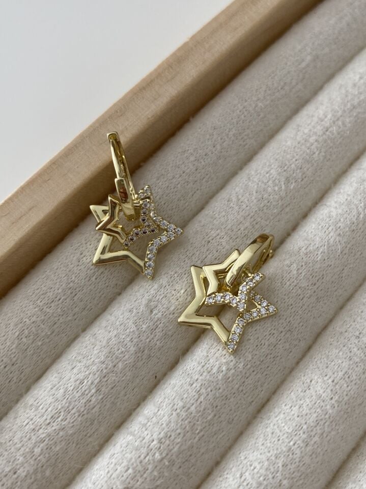 Altın Kaplama Üç Boyutlu Görünüm Star Halka Küpe (İç çapı:1,1 cm)