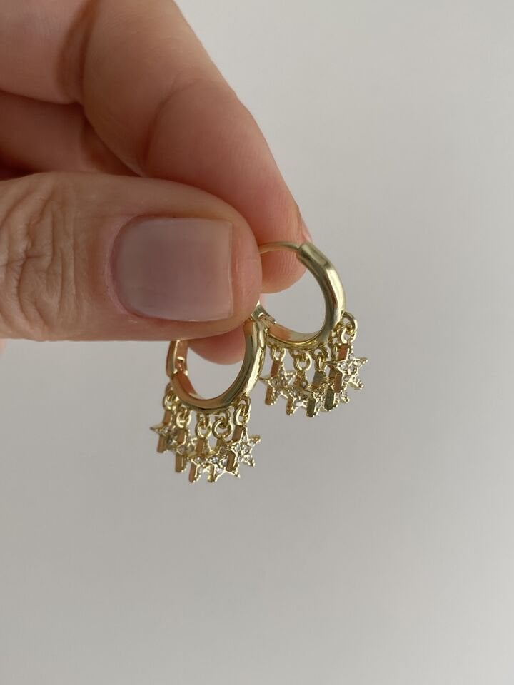 Altın Kaplama Gömme Taşlı Yıldızlı Shakira Halka Küpe (İç çapı:1,2 cm)
