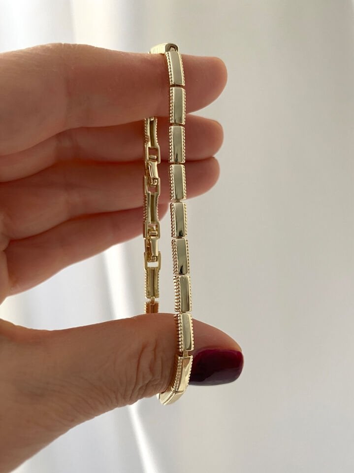 Altın Kaplama Kenarları Lazer Kesimli Diktörtgen Plaka Bileklik