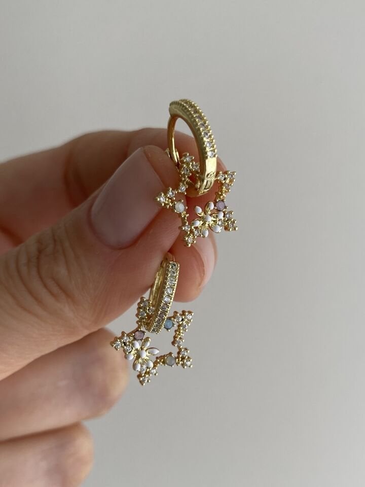 Altın Kaplama Çiçekli Yıldız Charm Halka Küpe(İç çapı:1 cm)