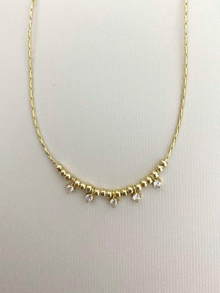 Minimal Beş Taşlı Tel Zincir Kolye (40cm)