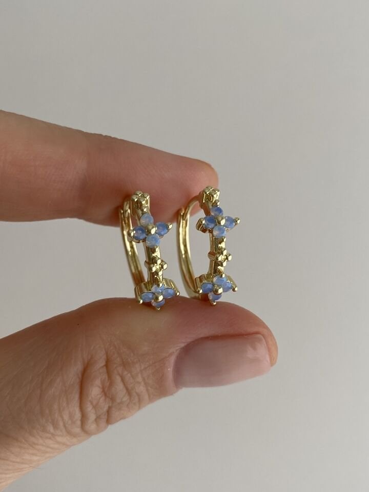 Altın Kaplama Soft Mavi Taşlı Çiçekli Halka Küpe (İç çapı:1,5 cm)