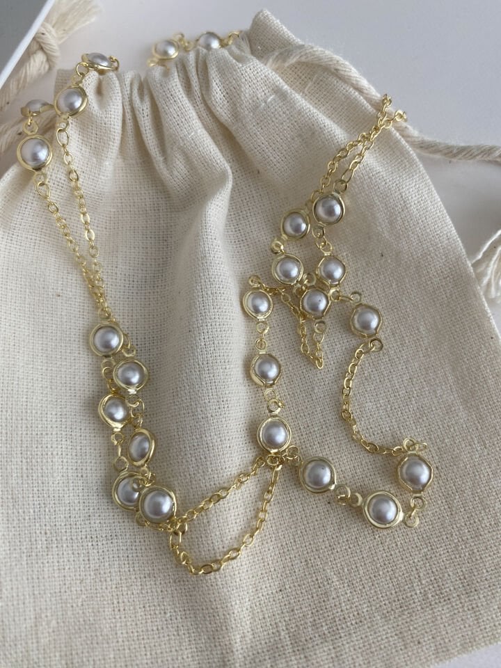 Dolamalı Çerçeveli İncili Uzun Kolye (90cm)