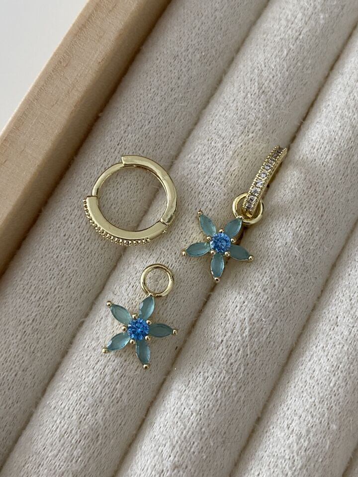 Altın Kaplama Turkuaz Yıldız Çiçeği Charm Taşlı Halka Küpe(İç çapı:1 cm)