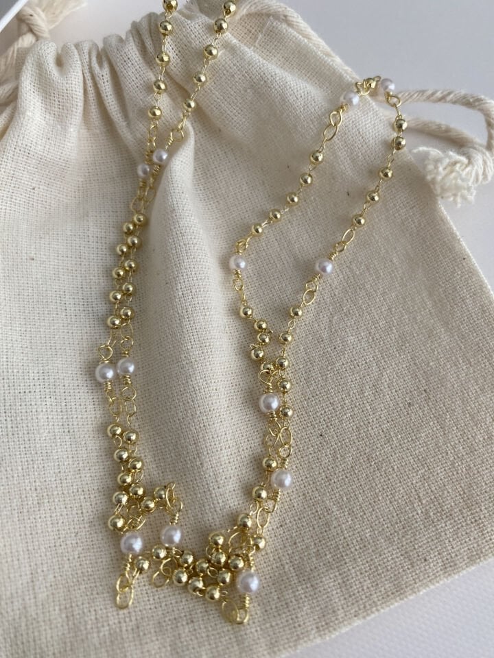 Dolamalı Yassı İncili Uzun Kolye (90cm)