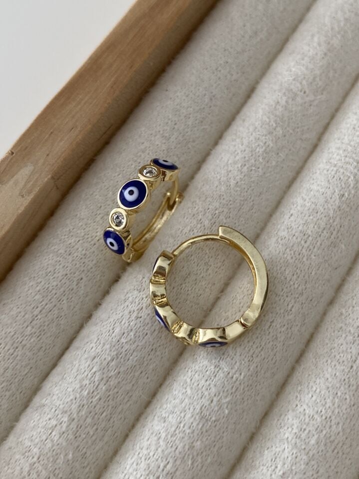 Altın Kaplama Mineli Nazar Boncuk Motifli Taşlı Küpe(İç çapı:1,3 cm)