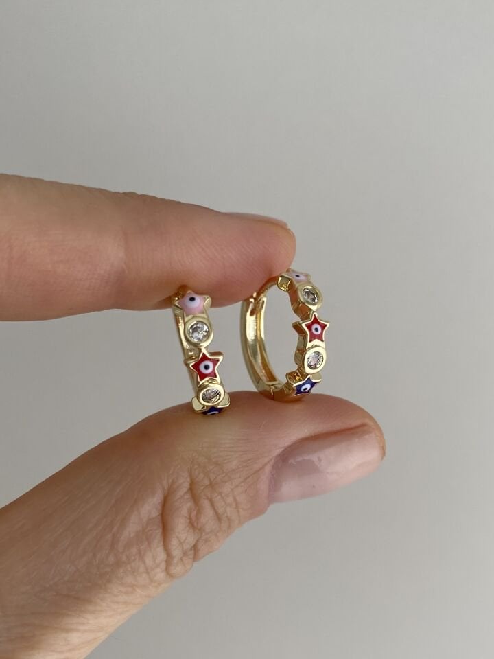 Altın Kaplama Mineli Yıldız Nazar Boncuk Motifli Taşlı Küpe(İç çapı:1,3 cm)