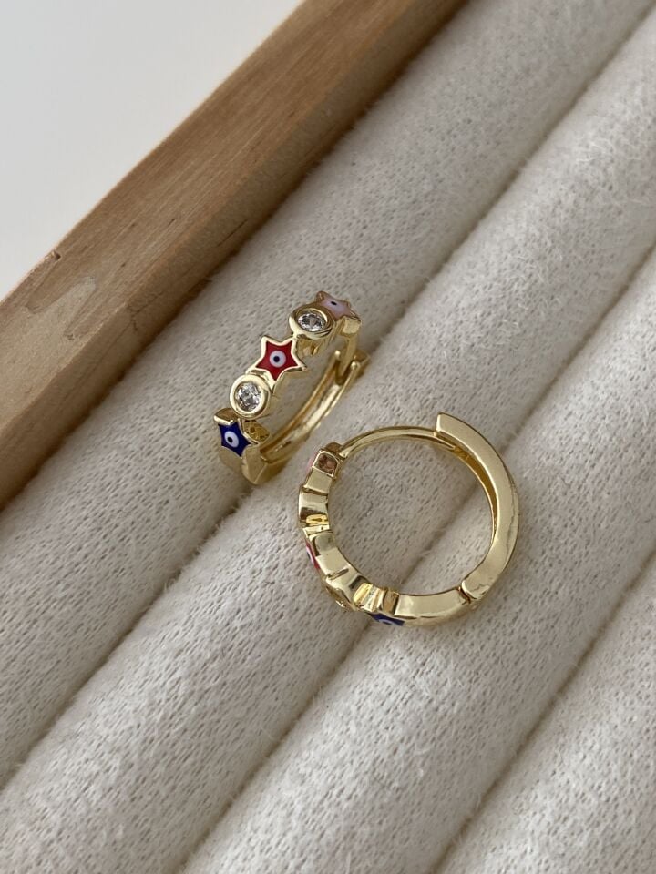 Altın Kaplama Mineli Yıldız Nazar Boncuk Motifli Taşlı Küpe(İç çapı:1,3 cm)