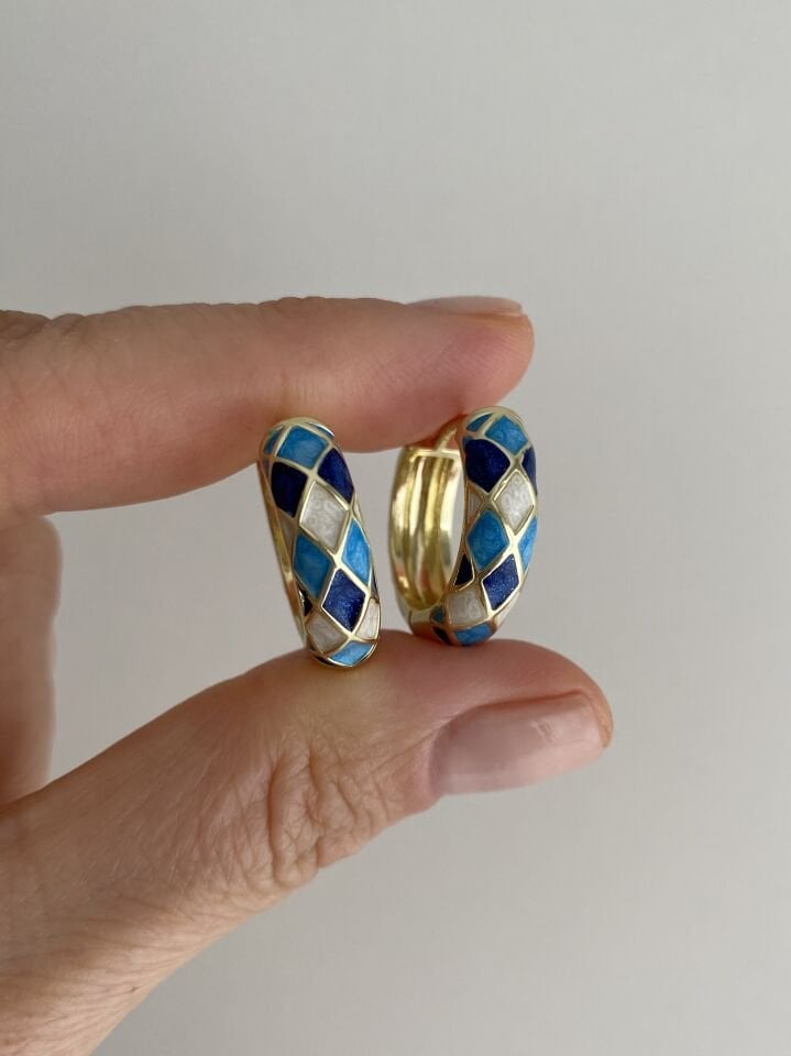 Altın Kaplama Mineli Mavi Beyaz Baklava Motif Halka Küpe(İç çapı:1,5 cm)