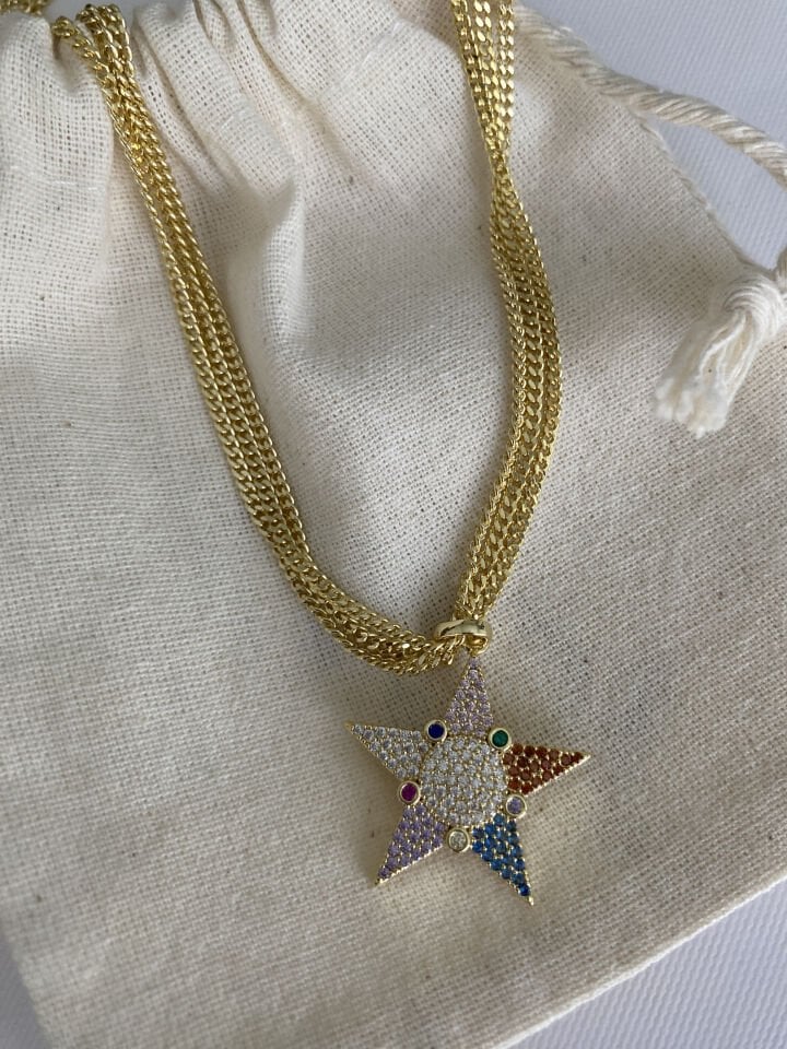 Renkli Gömme Taşlı Yıldız Kolye (40cm)