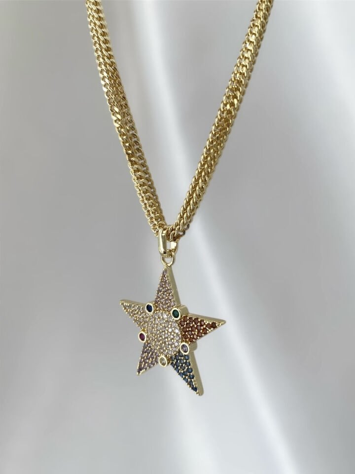 Renkli Gömme Taşlı Yıldız Kolye (40cm)