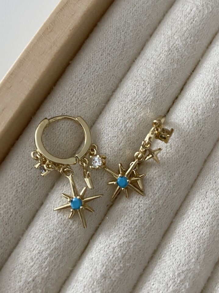 Altın Kaplama Firuze Taşlı Kuzey Yıldız Figürlü Shakira Halka Küpe(İç çapı:1 cm)