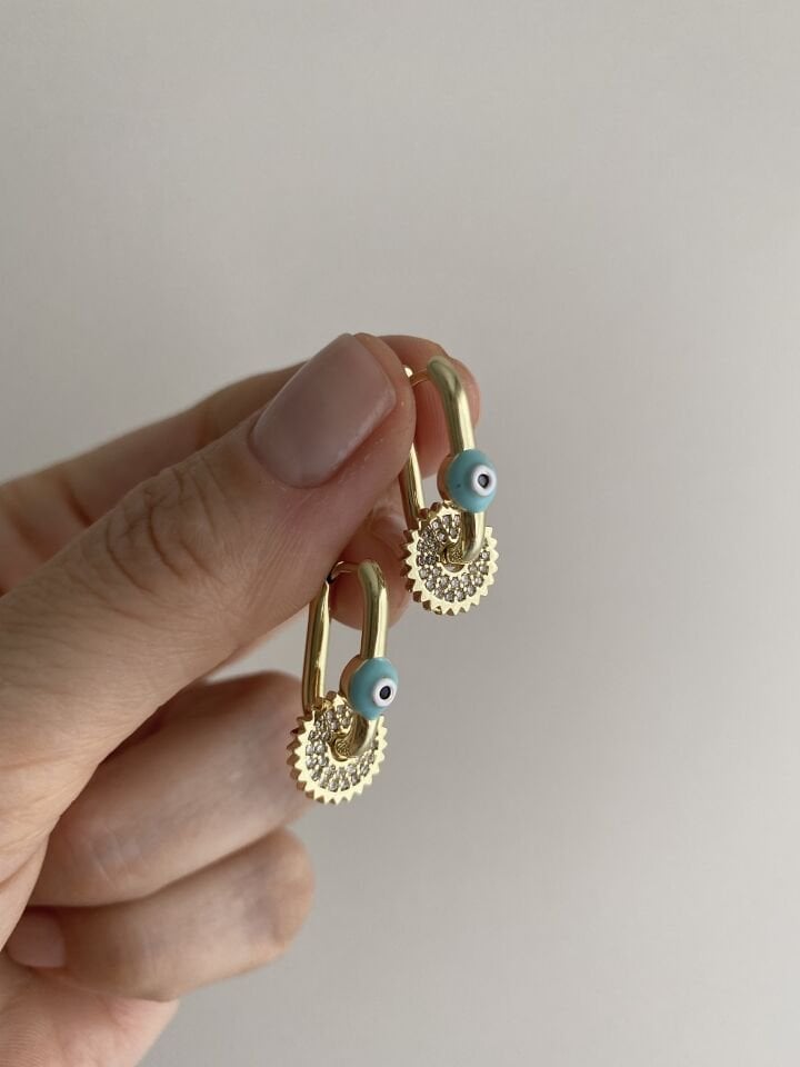 Altın Kaplama Nazar Boncuklu Pıp Pır Halka Küpe (İç boyu:1,6 cm)