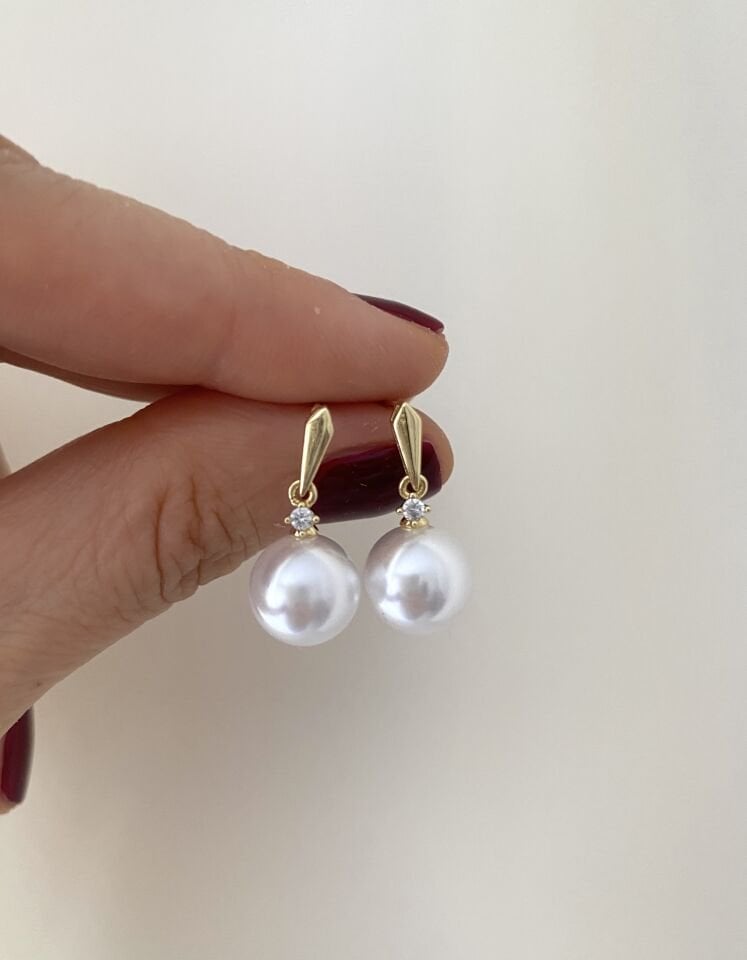 Tek Taşlı Minimal İnci Küpe