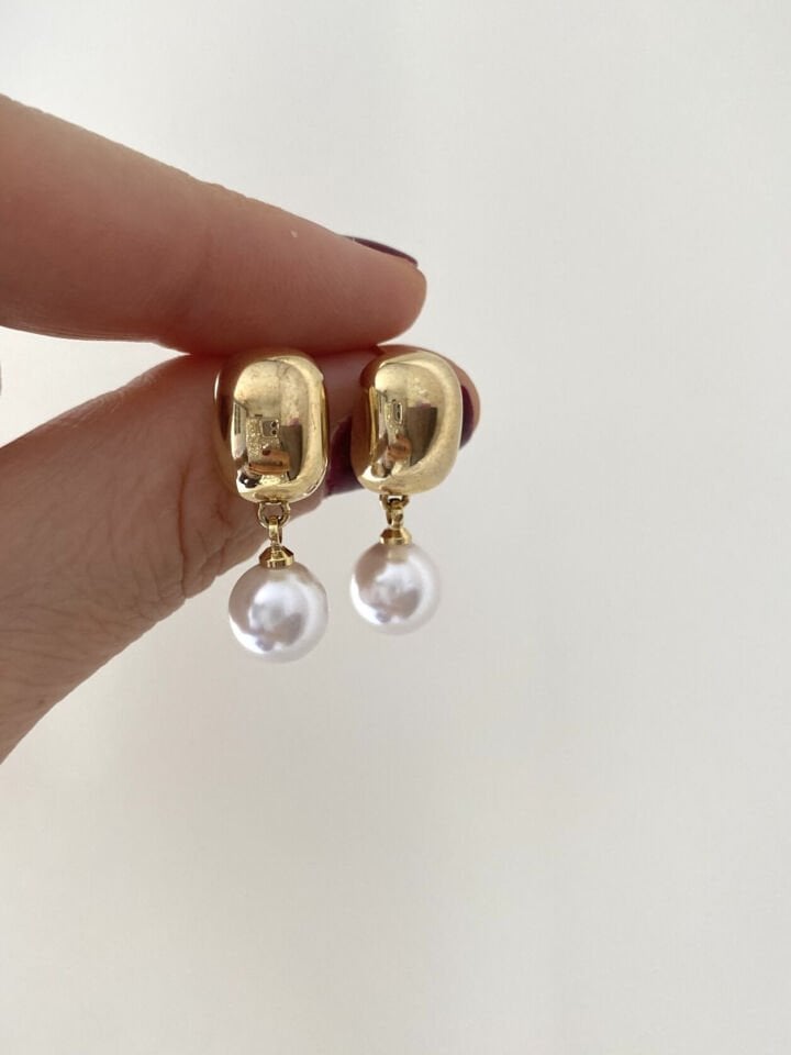 Minimal İncili Kare Plaka Küpe