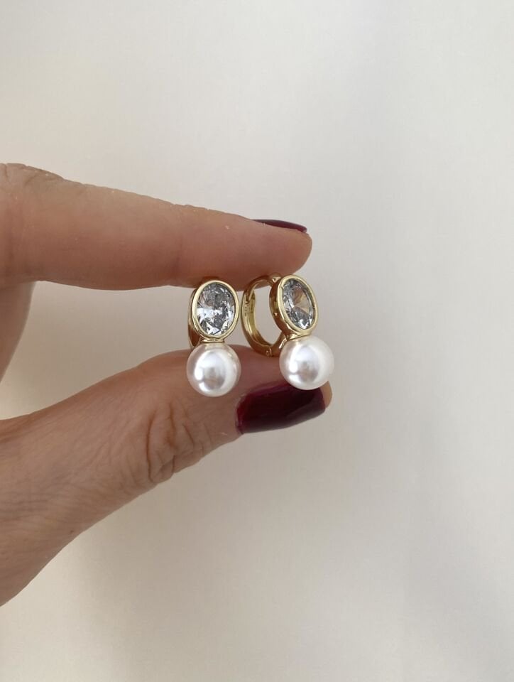 Minimal İnci Detaylı Tek Taş Halka Küpe