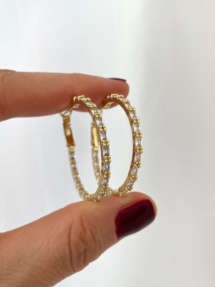 İnce Baget Taşlı Orta Boy Halka Küpe