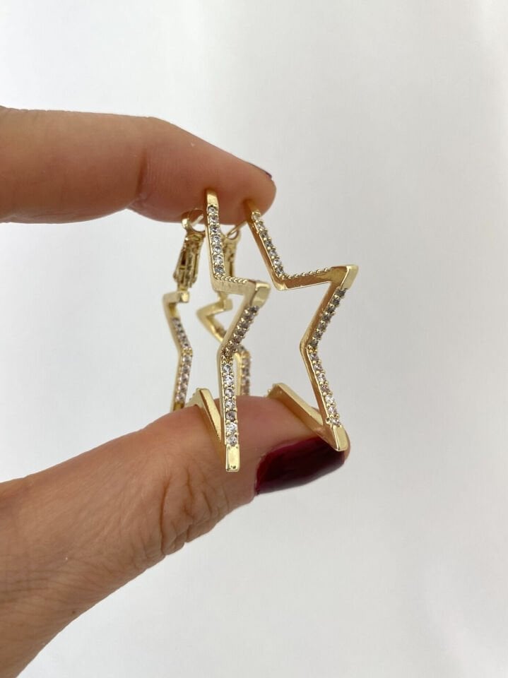 İnce Baget Taşlı Orta Boy Yıldız Küpe