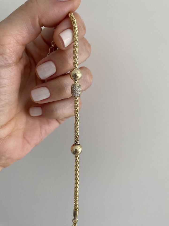 Altın Kaplama Ortası Gömme Taşlı Küre Detay Bileklik (16,5cm+ek)