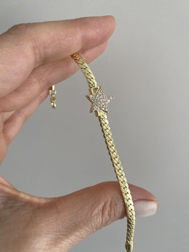 Altın Kaplama Gömme Taş Tek Yıldız Detaylı Gurmet Zincir Bileklik (16,5cm+ek)