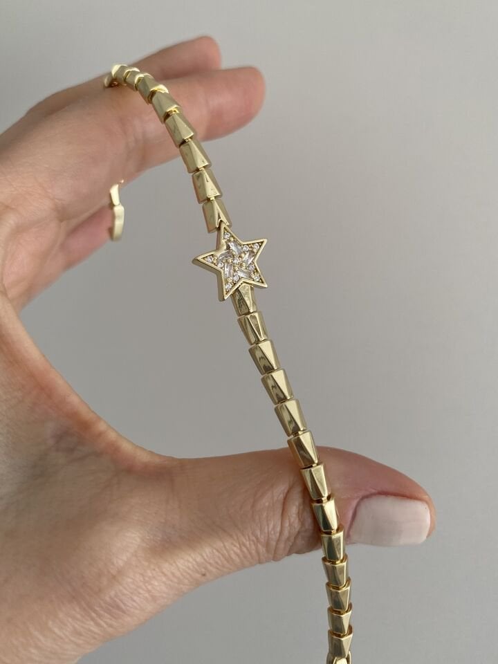 Altın Kaplama Gömme Taşlı Tel Yıldız Plaka Bileklik (17,5cm+ek)