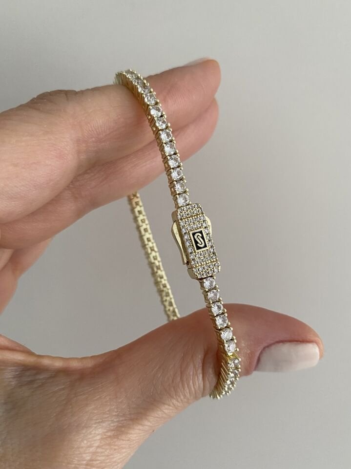 Monaco Seri S Kilit Dört Tırnaklı Taşlı Su Yolu Bileklik (18cm) Gold