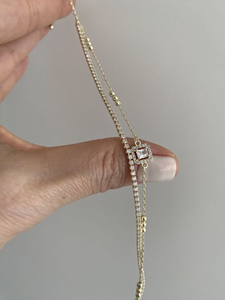 Altın Kaplama Baget Taşlı İnce İkili Bileklik (16cm+ek)