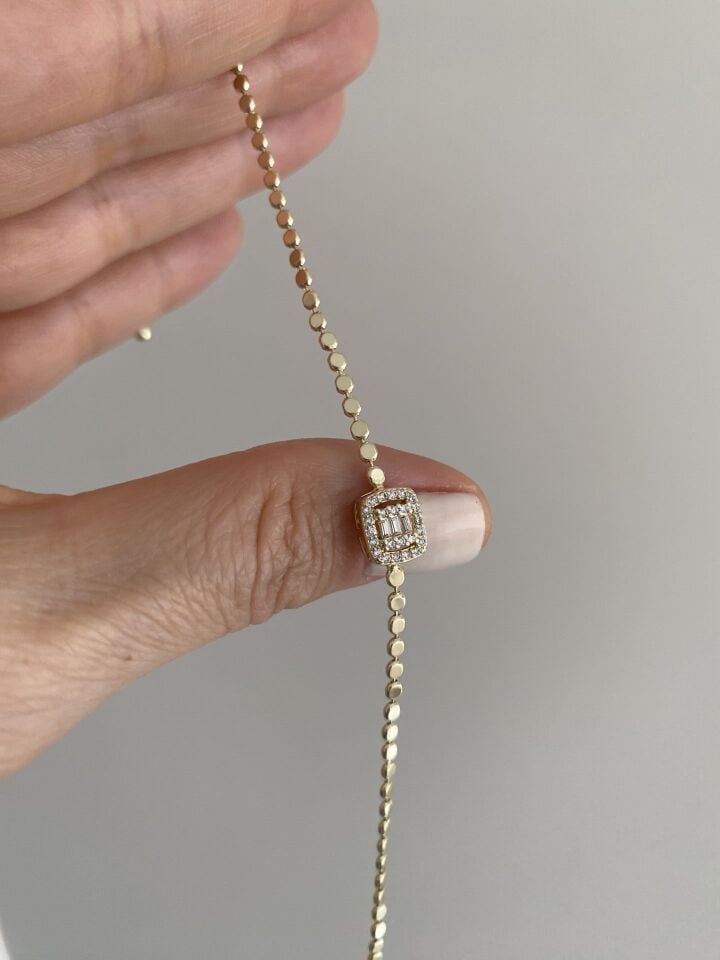 Altın Kaplama Baget Taşlı İnce Ezme Zincir Bileklik (16cm+ek)