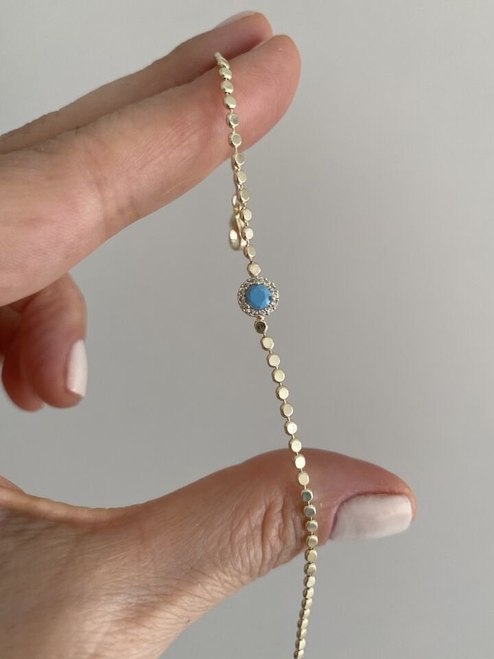 Altın Kaplama Yuvarlak Firuze Taşlı İnce Ezme Zincir Bileklik (16cm+ek)