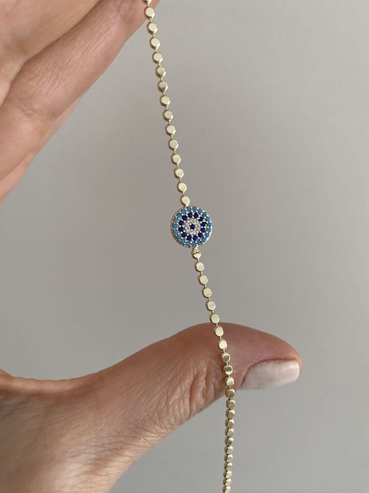 Altın Kaplama Yuvarlak Nazar figür İnce Ezme Zincir Bileklik (16cm+ek)