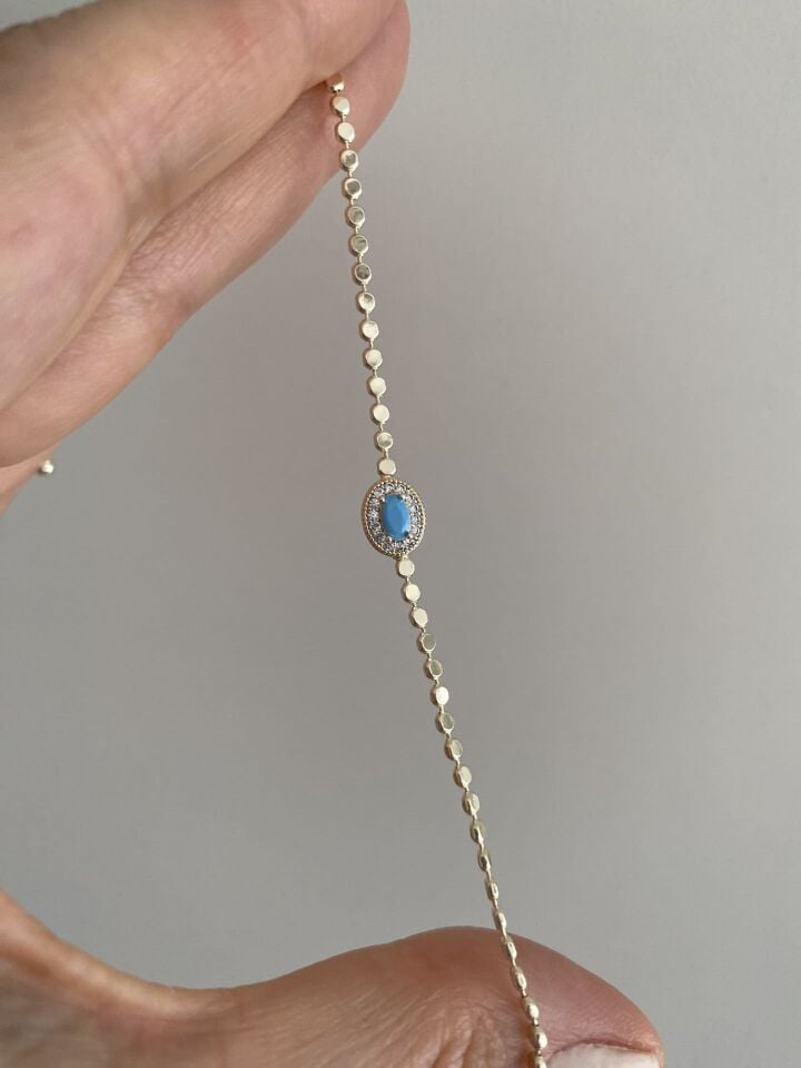 Altın Kaplama Oval Firuze Taşlı İnce Ezme Zincir Bileklik (16cm+ek)