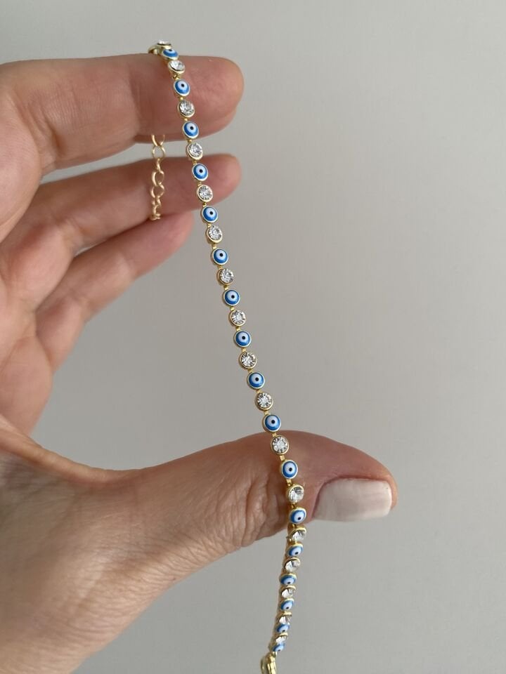 Altın Kaplama Taş Detaylı İnce Nazar Bileklik (17cm+ek / 3mm genişlik)