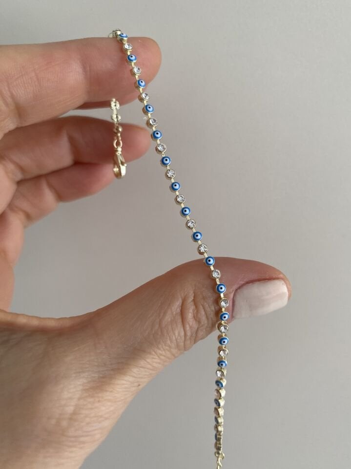 Altın Kaplama Taş Detaylı İnce Nazar Bileklik (17cm+ek / 1,5mm genişlik)