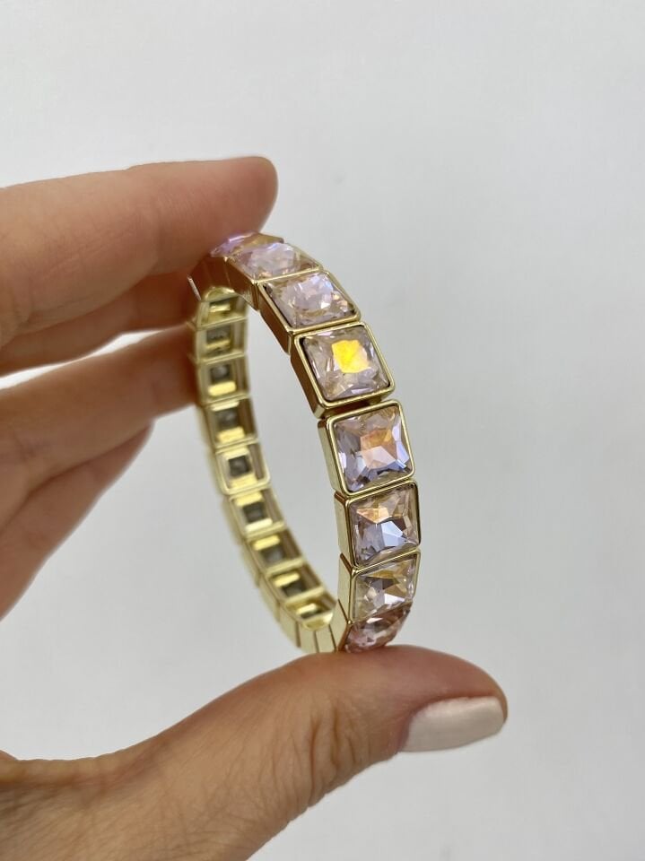 Soft Pembe Işıltılı Kare Zirkon Taşlı Lastikli Bileklik