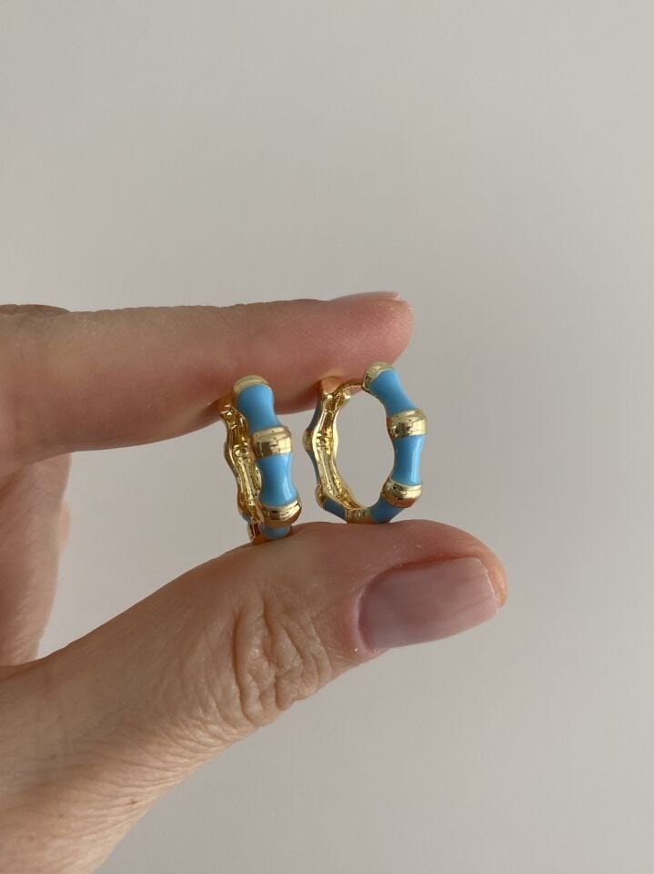 Altın Kaplama Mineli Gold Detaylı Halka Küpe Mavi (İç çapı:1,4 cm)