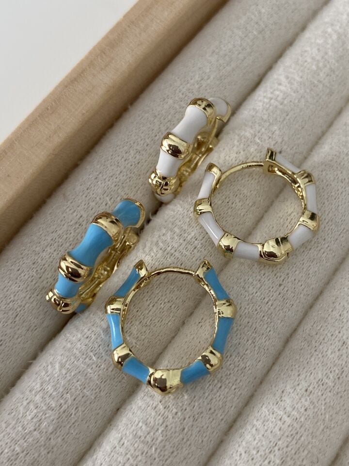 Altın Kaplama Mineli Gold Detaylı Halka Küpe Mavi (İç çapı:1,4 cm)